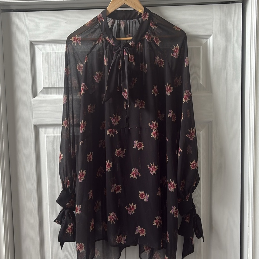 Zara sheer black floral baby doll dress w bows at neck/cuffs EUC